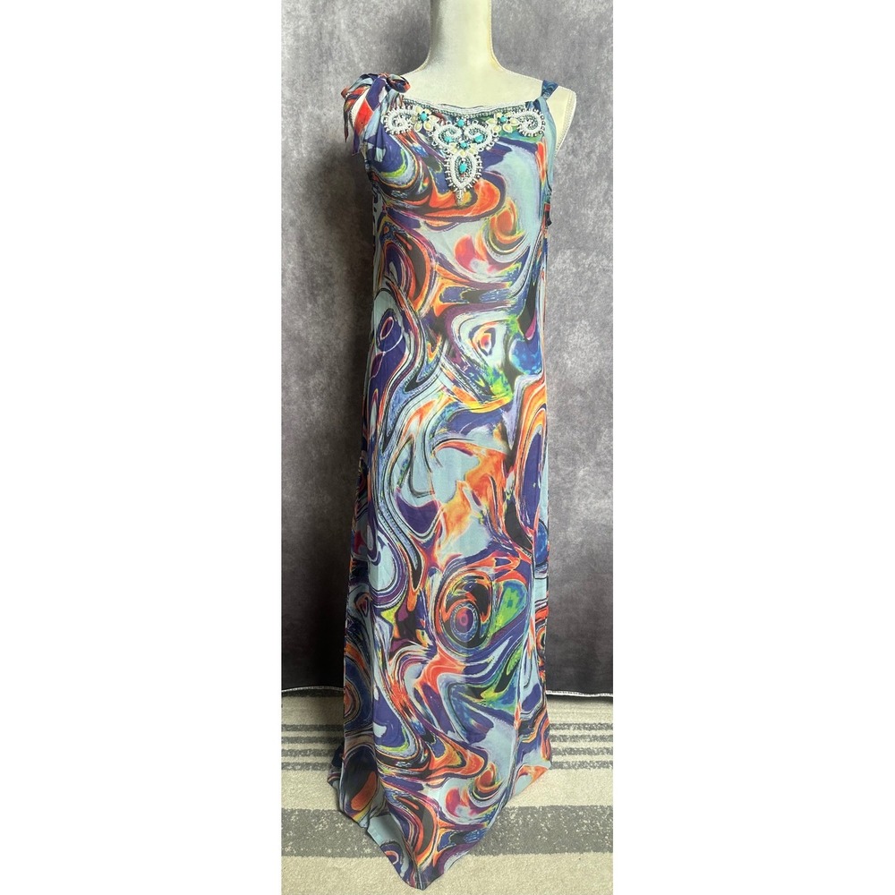 Kareena's Silk Beaded Psychedelic Swirl Maxi Dress Multi-Color Sleeveless Size M